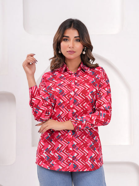 Red Pure Cotton Casual Full Sleeves Shirt For Women