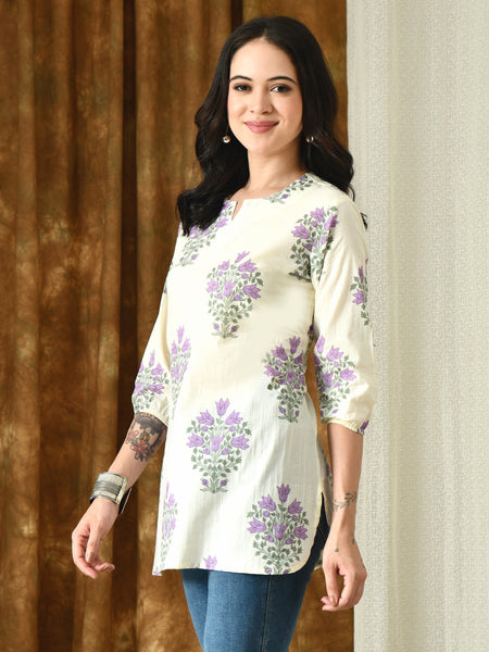 Cream Purple Hand Block Pure Cotton Casual 3/4th Sleeves Top for women