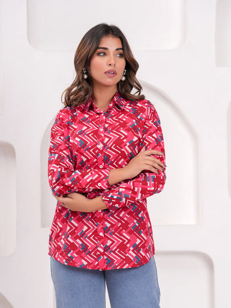 Red Pure Cotton Casual Full Sleeves Shirt For Women