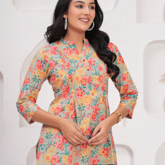 Multicolour Pure Cotton Casual A-Line 3/4Th Sleeves Top For Women