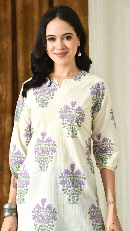Cream Purple Hand Block Pure Cotton Casual 3/4th Sleeves Top for women