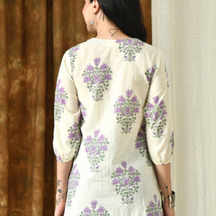 Cream Purple Hand Block Pure Cotton Casual 3/4th Sleeves Top for women