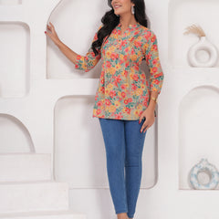 Multicolour Pure Cotton Casual A-Line 3/4Th Sleeves Top For Women