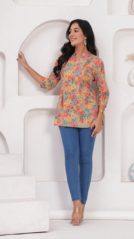 Multicolour Pure Cotton Casual A-Line 3/4Th Sleeves Top For Women