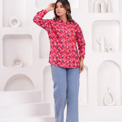 Red Pure Cotton Casual Full Sleeves Shirt For Women