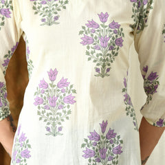 Cream Purple Hand Block Pure Cotton Casual 3/4th Sleeves Top for women