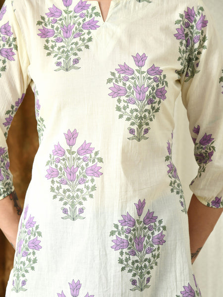 Cream Purple Hand Block Pure Cotton Casual 3/4th Sleeves Top for women