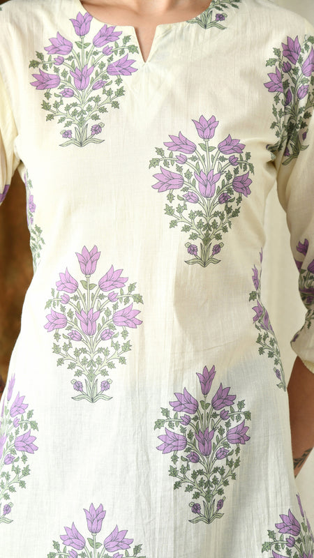 Cream Purple Hand Block Pure Cotton Casual 3/4th Sleeves Top for women