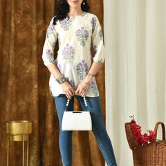 Cream Purple Hand Block Pure Cotton Casual 3/4th Sleeves Top for women