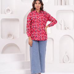 Red Pure Cotton Casual Full Sleeves Shirt For Women