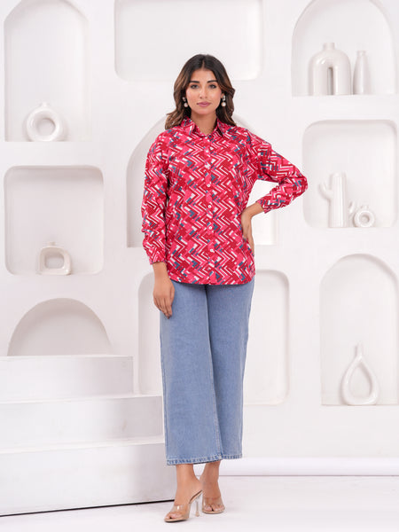 Red Pure Cotton Casual Full Sleeves Shirt For Women