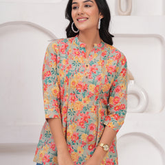 Multicolour Pure Cotton Casual A-Line 3/4Th Sleeves Top For Women