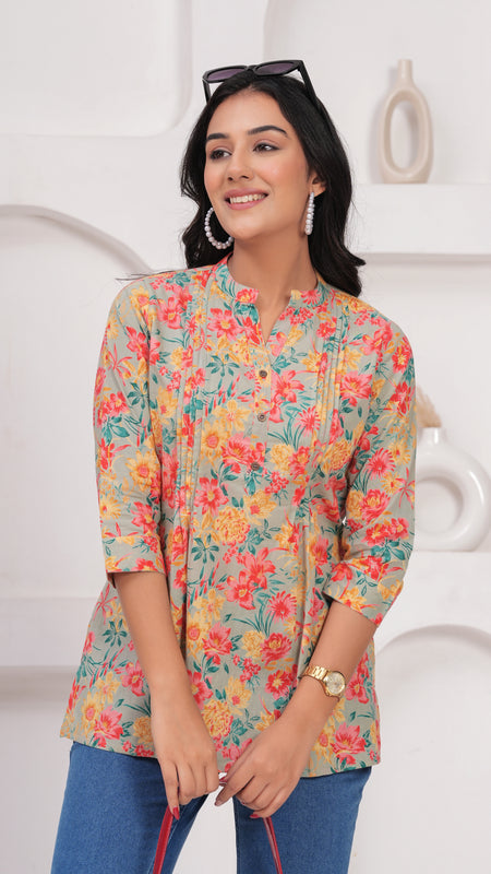 Multicolour Pure Cotton Casual A-Line 3/4Th Sleeves Top For Women