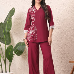 Wine Teen Phool Embroidered Cord-set
