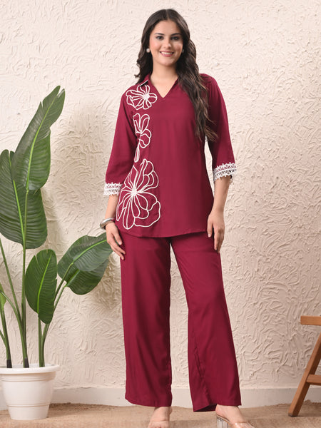 Wine Teen Phool Embroidered Cord-set