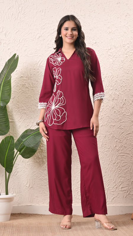 Wine Teen Phool Embroidered Cord-set