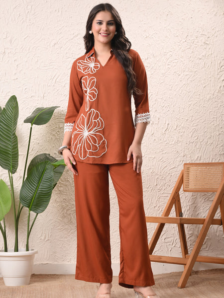 Rust Teen Phool Embroidered Cord-set