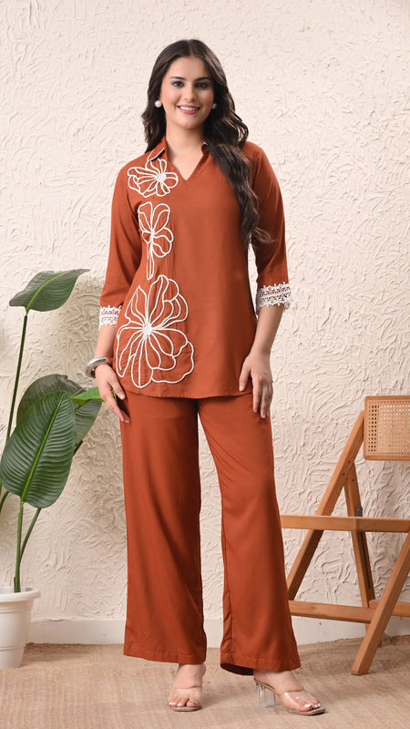Rust Teen Phool Embroidered Cord-set