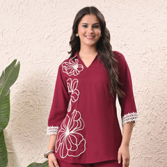 Wine Teen Phool Embroidery Top