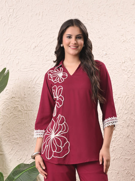 Wine Teen Phool Embroidery Top