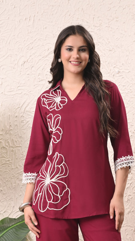 Wine Teen Phool Embroidery Top