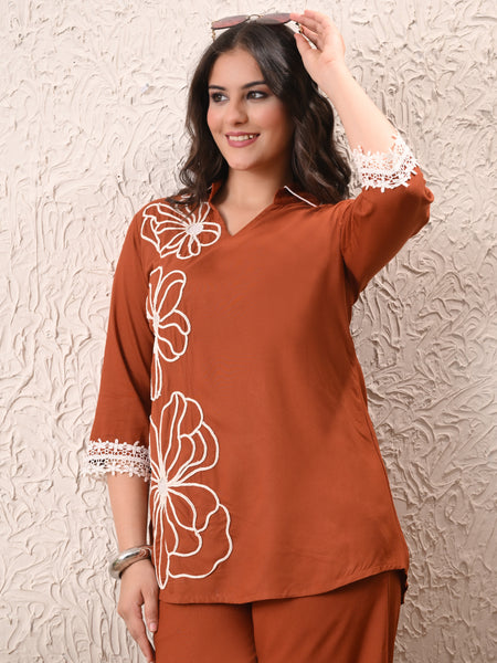 Rust Teen Phool Embroidery Top