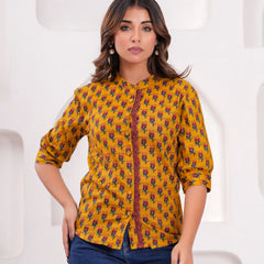 Mustard Pure Cotton Casual Straight Fit 3/4Th Sleeves Top For Women