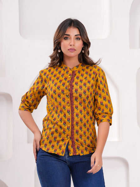 Mustard Pure Cotton Casual Straight Fit 3/4Th Sleeves Top For Women
