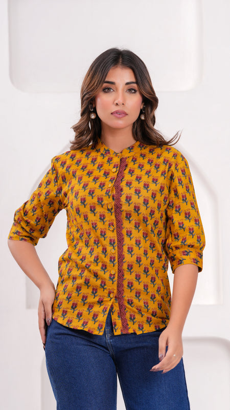 Mustard Pure Cotton Casual Straight Fit 3/4Th Sleeves Top For Women
