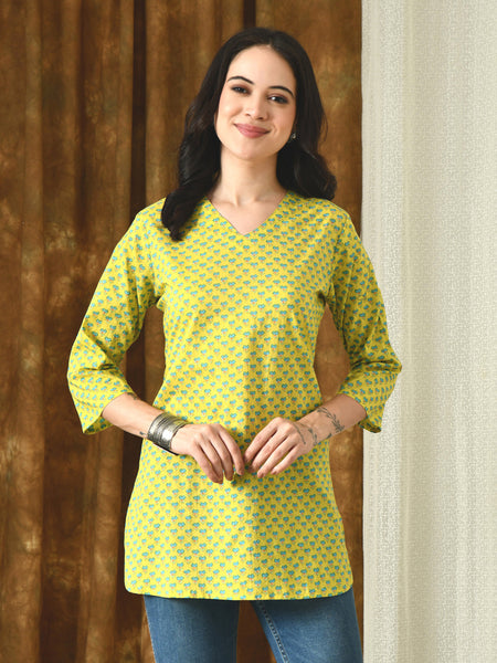 Lemon Green Pure Cotton Casual 3/4th Sleeves Top for women