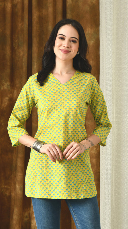 Lemon Green Pure Cotton Casual 3/4th Sleeves Top for women