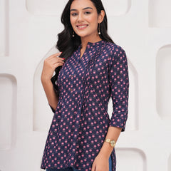 Navy Blue Pure Cotton Casual A-Line 3/4Th Sleeves Top For Women