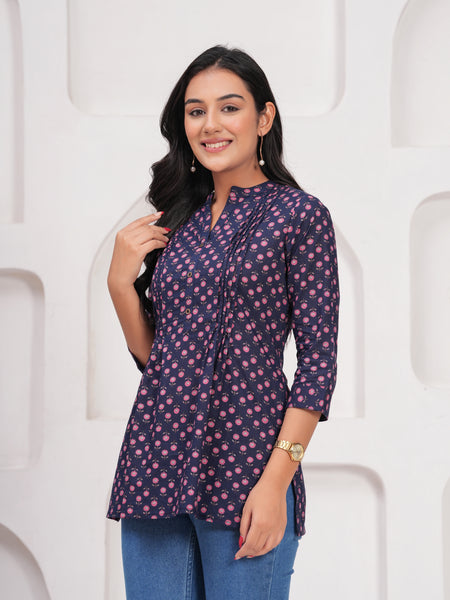 Navy Blue Pure Cotton Casual A-Line 3/4Th Sleeves Top For Women