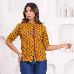 Mustard Pure Cotton Casual Straight Fit 3/4Th Sleeves Top For Women