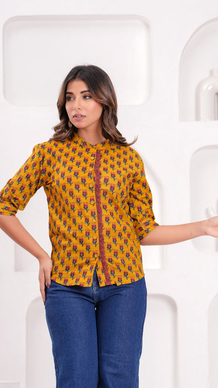 Mustard Pure Cotton Casual Straight Fit 3/4Th Sleeves Top For Women