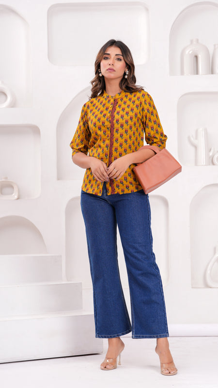 Mustard Pure Cotton Casual Straight Fit 3/4Th Sleeves Top For Women