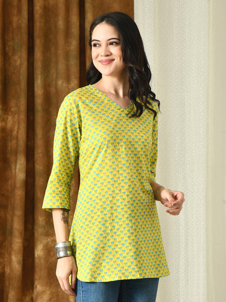 Lemon Green Pure Cotton Casual 3/4th Sleeves Top for women