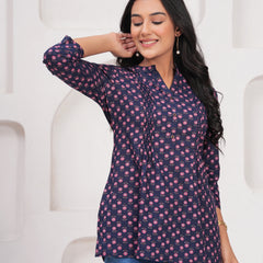 Navy Blue Pure Cotton Casual A-Line 3/4Th Sleeves Top For Women