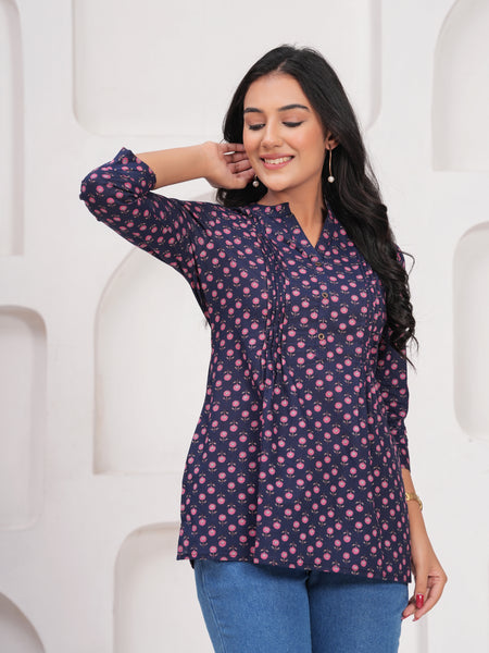 Navy Blue Pure Cotton Casual A-Line 3/4Th Sleeves Top For Women