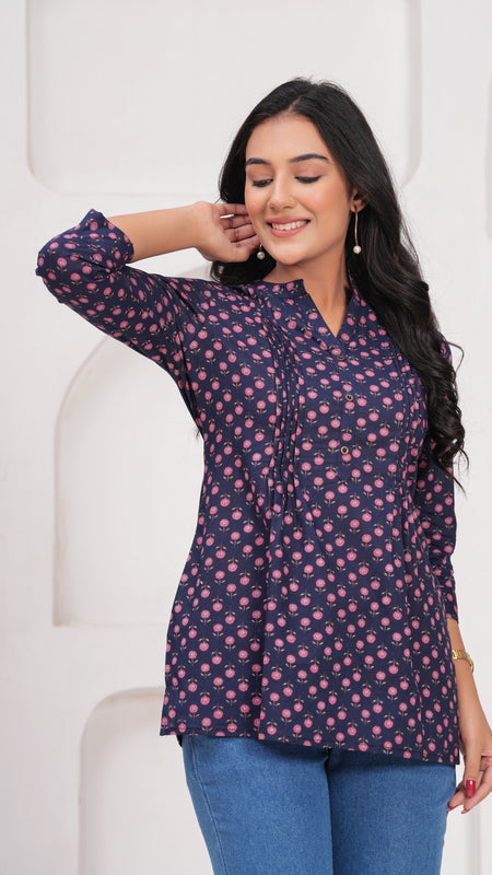Navy Blue Pure Cotton Casual A-Line 3/4Th Sleeves Top For Women