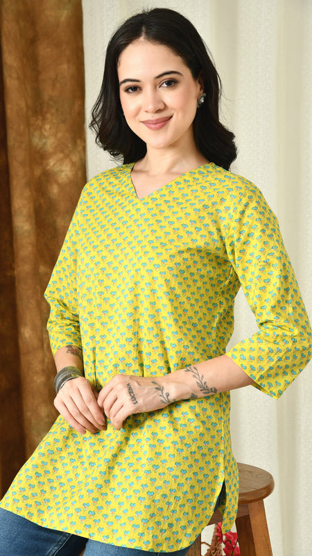 Lemon Green Pure Cotton Casual 3/4th Sleeves Top for women