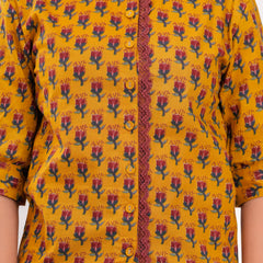 Mustard Pure Cotton Casual Straight Fit 3/4Th Sleeves Top For Women