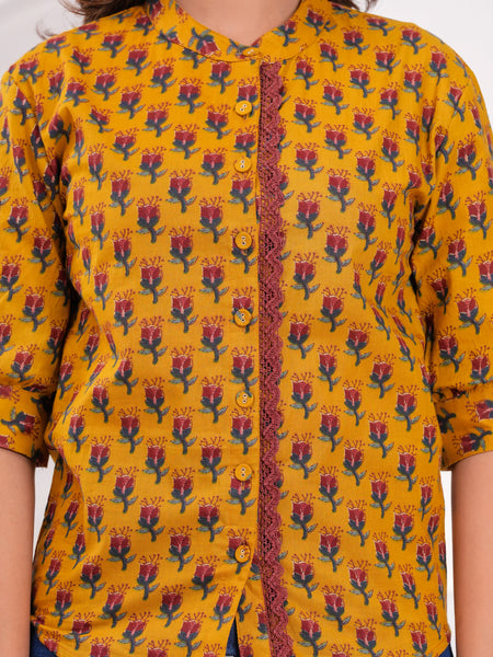 Mustard Pure Cotton Casual Straight Fit 3/4Th Sleeves Top For Women