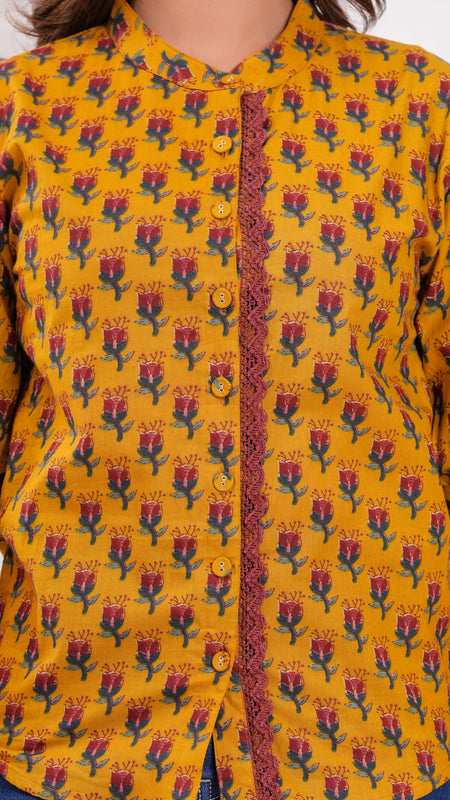 Mustard Pure Cotton Casual Straight Fit 3/4Th Sleeves Top For Women