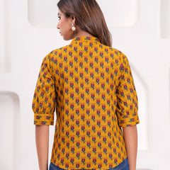 Mustard Pure Cotton Casual Straight Fit 3/4Th Sleeves Top For Women