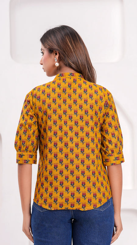 Mustard Pure Cotton Casual Straight Fit 3/4Th Sleeves Top For Women