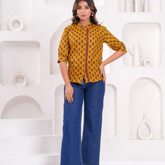 Mustard Pure Cotton Casual Straight Fit 3/4Th Sleeves Top For Women