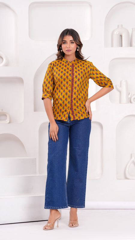 Mustard Pure Cotton Casual Straight Fit 3/4Th Sleeves Top For Women