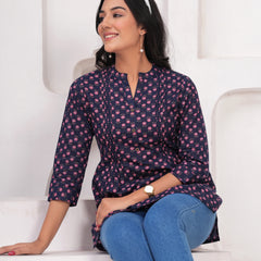 Navy Blue Pure Cotton Casual A-Line 3/4Th Sleeves Top For Women
