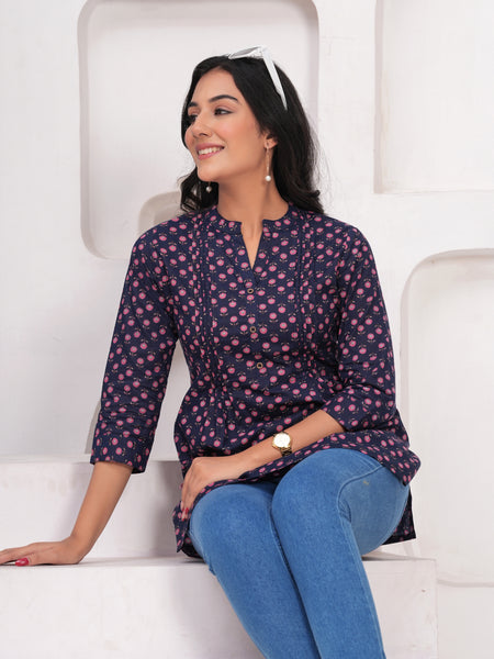 Navy Blue Pure Cotton Casual A-Line 3/4Th Sleeves Top For Women
